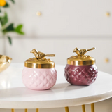 Metal Decorative Jar Set of 2 - Pink and Purple with Stylish Gold Knob