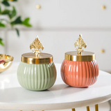 Metal Lining Decorative Jar Set of 2 - Pink and Green with Stylish Gold Knob