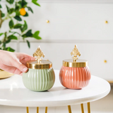 Metal Lining Decorative Jar Set of 2 - Pink and Green with Stylish Gold Knob