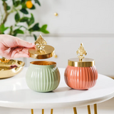 Metal Lining Decorative Jar Set of 2 - Pink and Green with Stylish Gold Knob