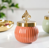 Metal Lining Decorative Jar Set of 2 - Pink and Green with Stylish Gold Knob